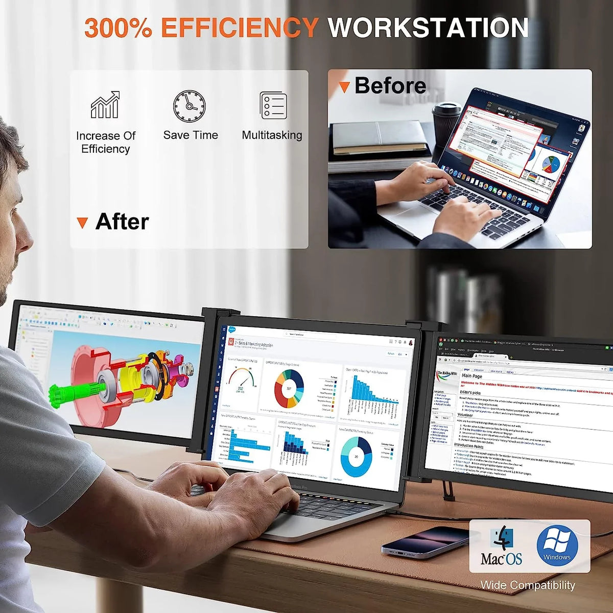 LIMINK Screen Monitor Dual Display Extender for Laptop Monitor Portable Triple S20,15.4"