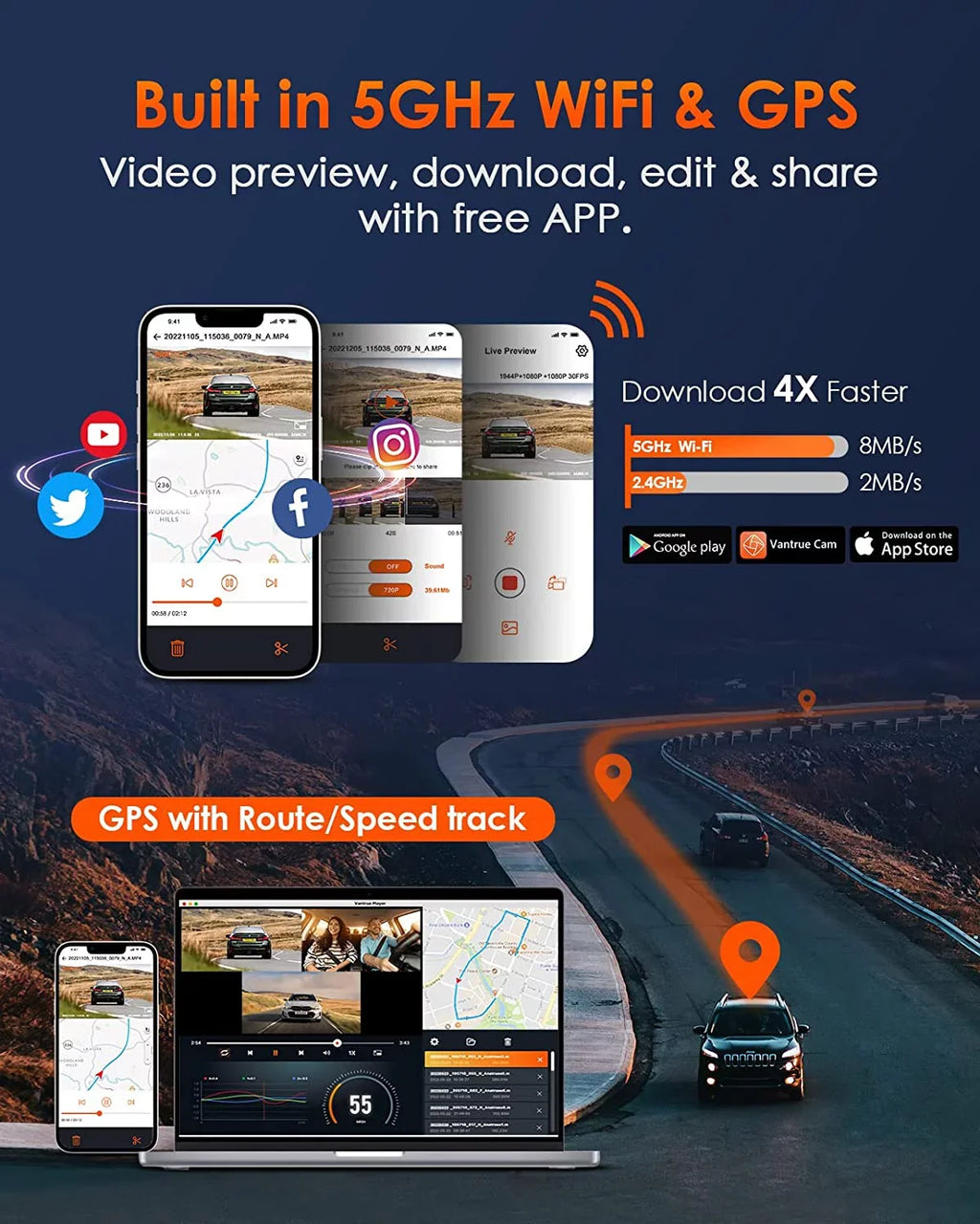 Control 3 Mode Voice Front WiFi Vantrue 3 2.5K GPS 1944P+1080P+1080P Dash and Car Inside Cam Motion Dash Night Channel Hrs IR E3 Parking Rear Camera Vision 24 for Detection Way
