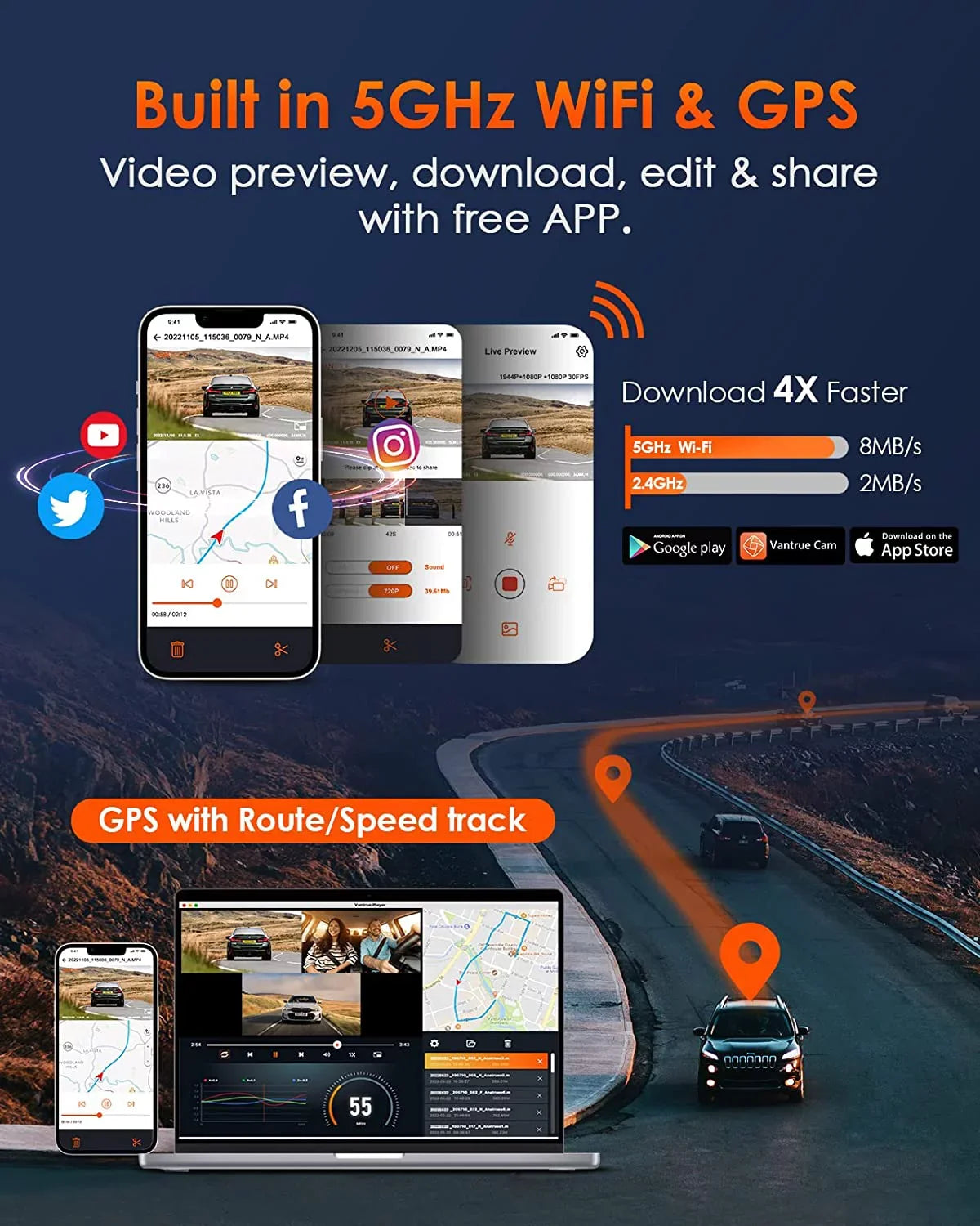 Control 3 Mode Voice Front WiFi Vantrue 3 2.5K GPS 1944P+1080P+1080P Dash and Car Inside Cam Motion Dash Night Channel Hrs IR E3 Parking Rear Camera Vision 24 for Detection Way