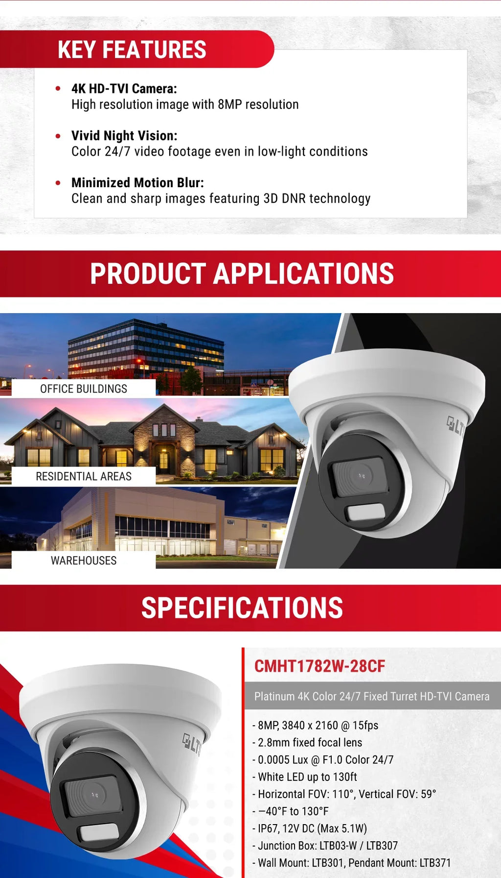HD-TVI Camera LED LTS Full 2.8mm 131ft CMHT1782W-28CF Turret 247 WDR LTCMHT1782W-28CF 8MP/4K Color