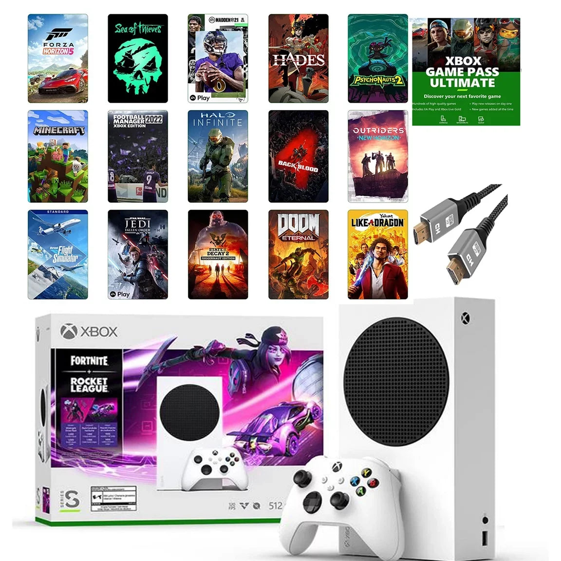Bundle Newest High HDMI Edition-Microsoft 2023 Speed with Pass 512GB Fortnite Xbox-Series-S League Game KKEE Xbox Rocket & 1 and Month Ultimate: Cable SSD–