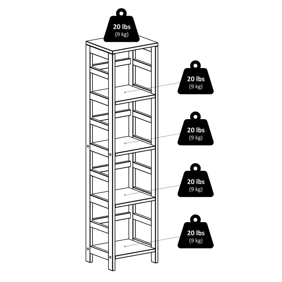 Capri Narrow 5-Pc Wood Finish Baskets, 4 Shelf Fabric Set, Espresso Black & Foldable Winsome