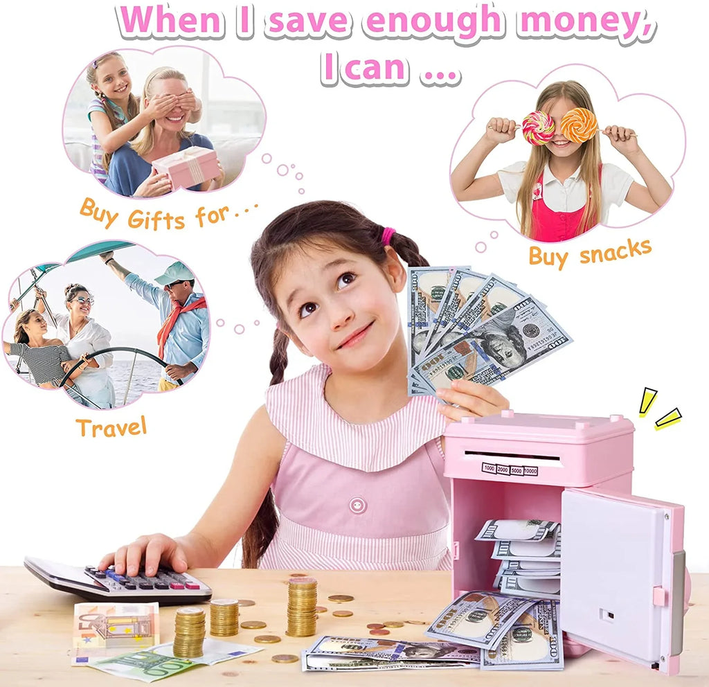 ATM (Pink/Silver) Toy Coin Kids Password Bank for ATM Boys Cash Adult Bank Gifts Electronic Savings Machine Real Money Box Safe Digital Money Girls Piggy Savings Kids Saving Mini