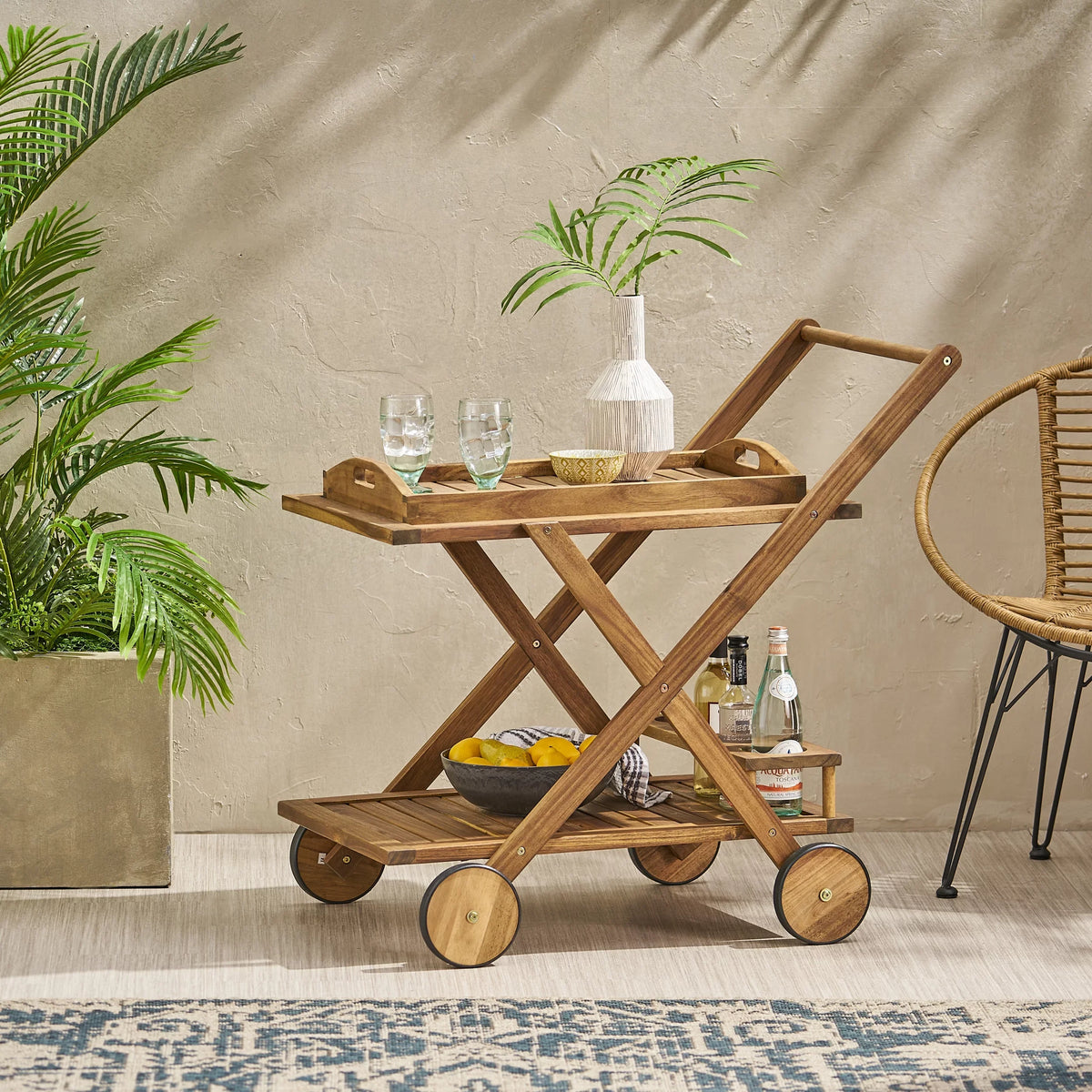 GDF Kenilworth Wood Studio Natural Cart, Acacia Tiered Indoor/Outdoor 2 Bar
