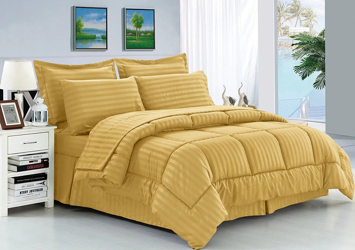 Set Comforter Resistant Wrinkle Stripe 8-Piece Linen Silky Dobby Bed-in-a-Bag King Celine Gold - - Soft