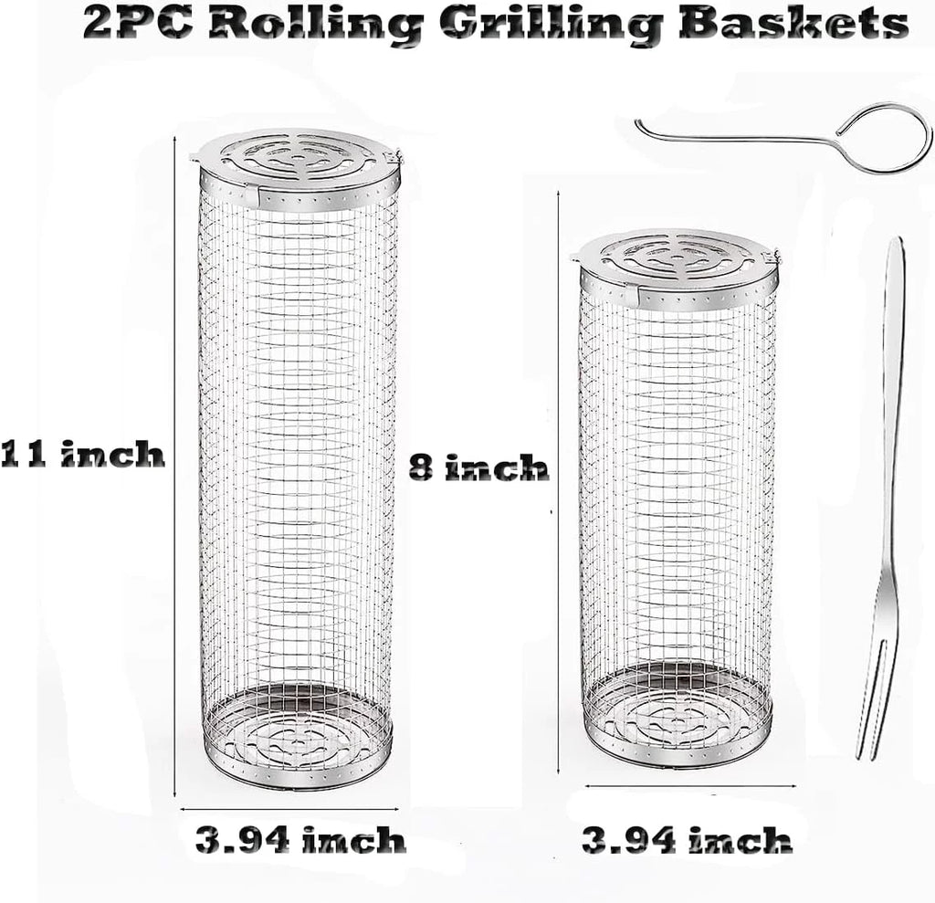 Cooking ，Portable Vegetables, Outdoor Basket BBQ Shrimp, Grilling Grilling BBQ Griller for Accessories 2PC Barbeque Barbecue Basket，Round Rolling Camping Rack Fish,