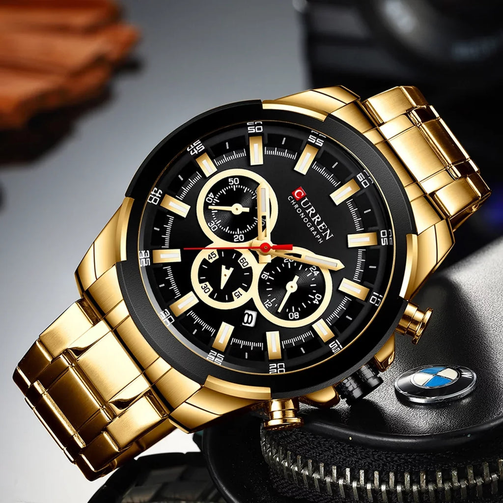 Stra Indicator Quartz Wristwatch Waterproof Male Hands with 8361 Man Chronograph Sub-Dials Three Luminous Date CURREN Watch for Second Minute Microsecond Watches Calendar Stainless Men Steel