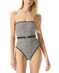 Kors Size Black Women's Printed 10 Swimsuit One-Piece Michael Logo-Belt Bandeau