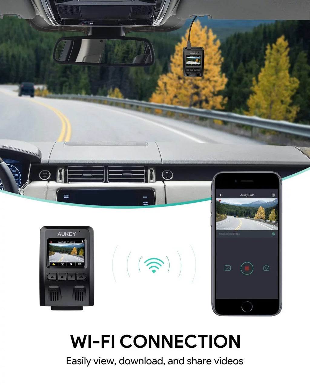 Black-DR02 Wide Dash P Camera, 1080P for Dash Camera 6-Lane Lens 170-Degree AUKEY Cars, Angle Cam, FHD Wifi Car