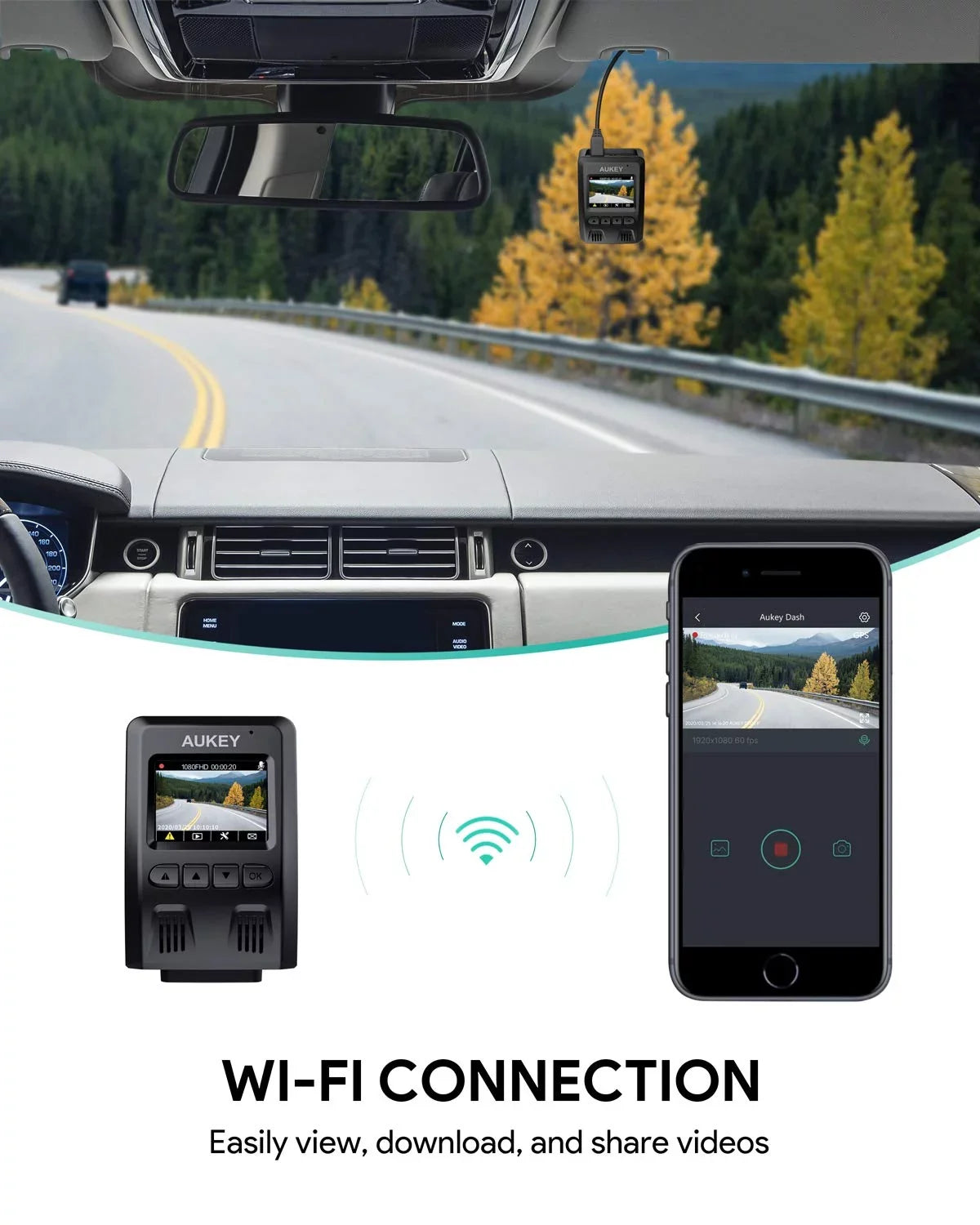 Black-DR02 Wide Dash P Camera, 1080P for Dash Camera 6-Lane Lens 170-Degree AUKEY Cars, Angle Cam, FHD Wifi Car