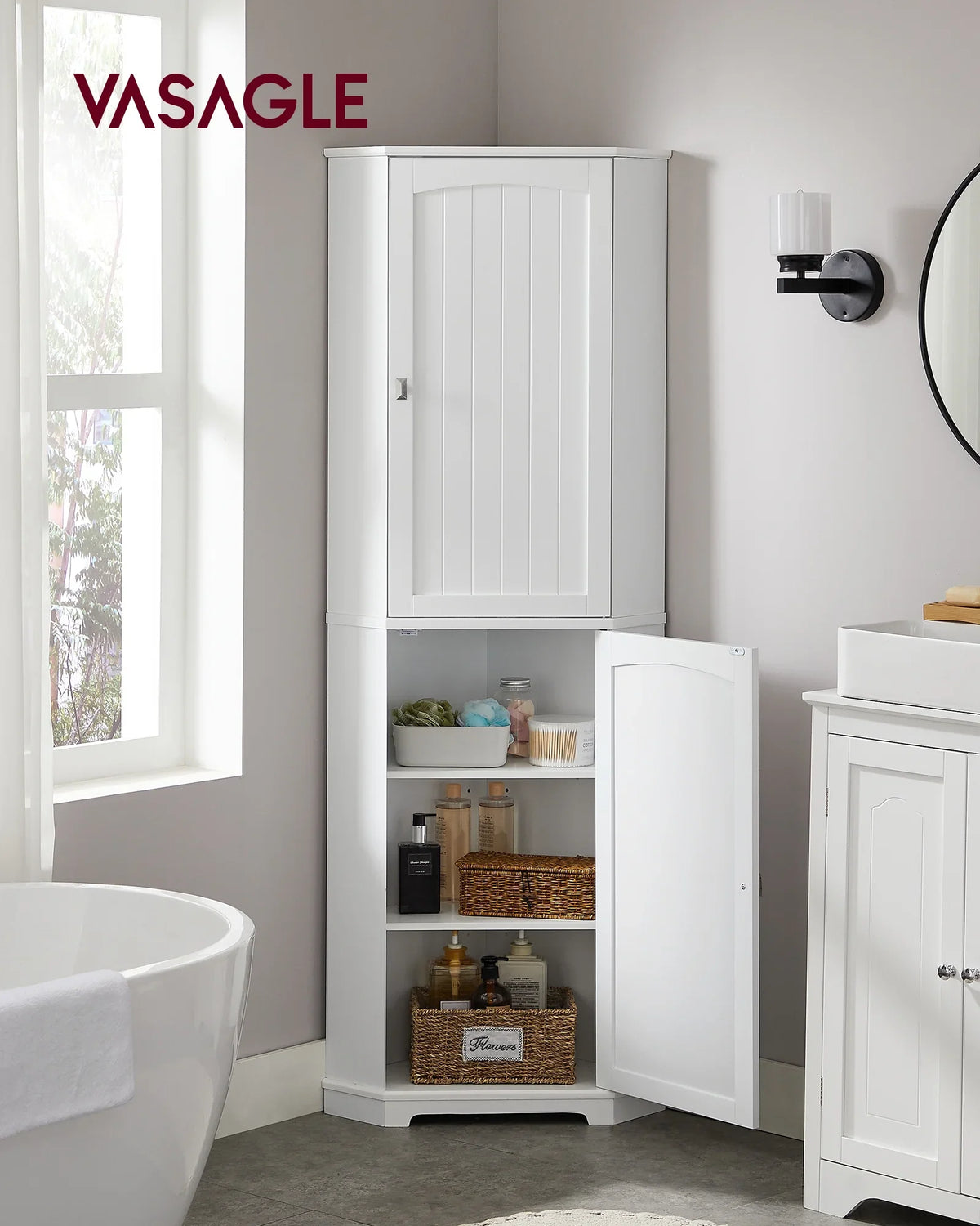 Corner Cabinet 4 with Bathroom Design, Cabinet Adjustable White Doors and 2 Modern VASAGLE Farmhouse Cabinet Tall Floor Shelves Storage