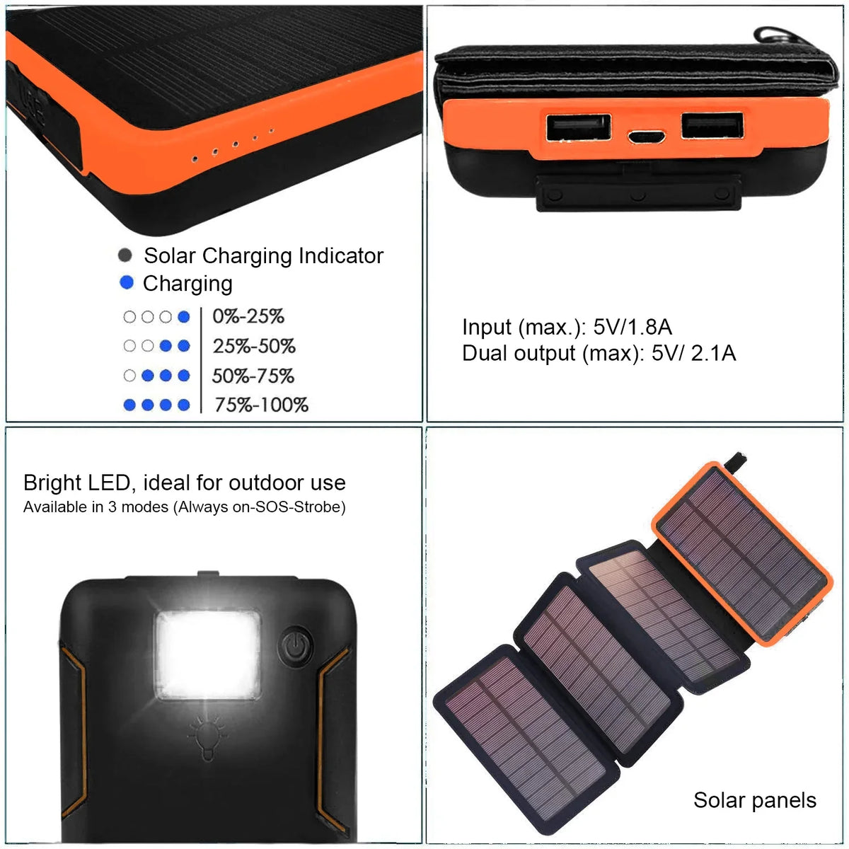 Bank Camping Hiking Charger 30000mAh (Orange) Solar Portsfor with 5V Solar 4 Portable Light Panels, LED SOLPOWBEN Dual USB Flashlight, Outdoor Power