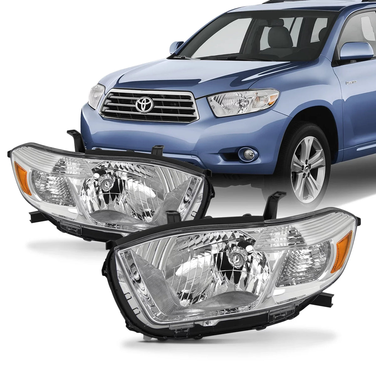 Left+Right Fits Chrome Replacement - [Halogen 2008 highlander Pair Type] 2009 AKKON Toyota Headlights 2010