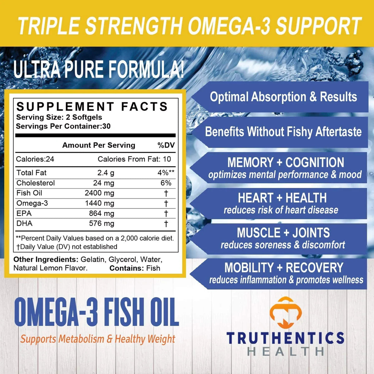 '- 100% Sea-Harvested mg Omega 2400 DHA 120 Omega Softgels Lemon Strength (2 - Fish Fish Acids Oil Pack) Flavor Truthentics - - Fatty EPA Burpless High 3 Oil 3 Pure Triple