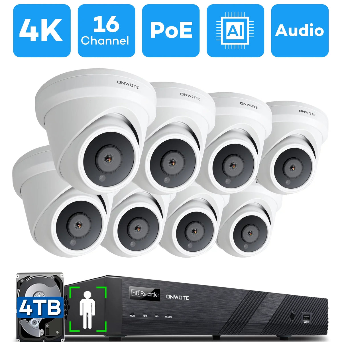 HDD IP 16CH 24/7 System, 8MP PoE with Camera NVR Commercial AI-Human-Detection, 2-Storage-Bay Audio, 8pcs Cameras Security for ONWOTE with 4K Channel 4TB 8MP PoE Recording, 16 Wired 4K
