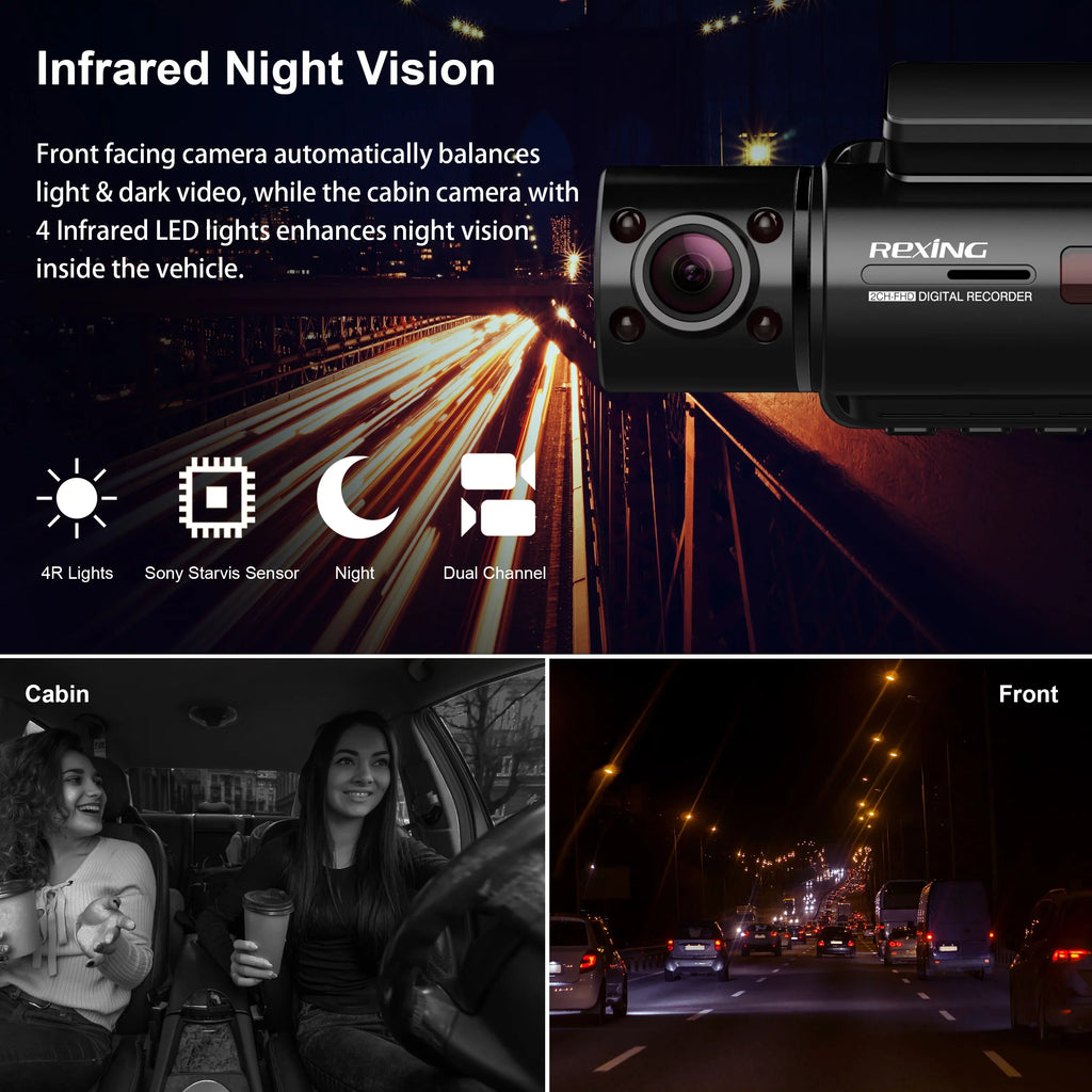 Inside Front with Cam Cabin and HD Dash Wi-Fi Dual Rexing Basic Camera Full 1080p V3