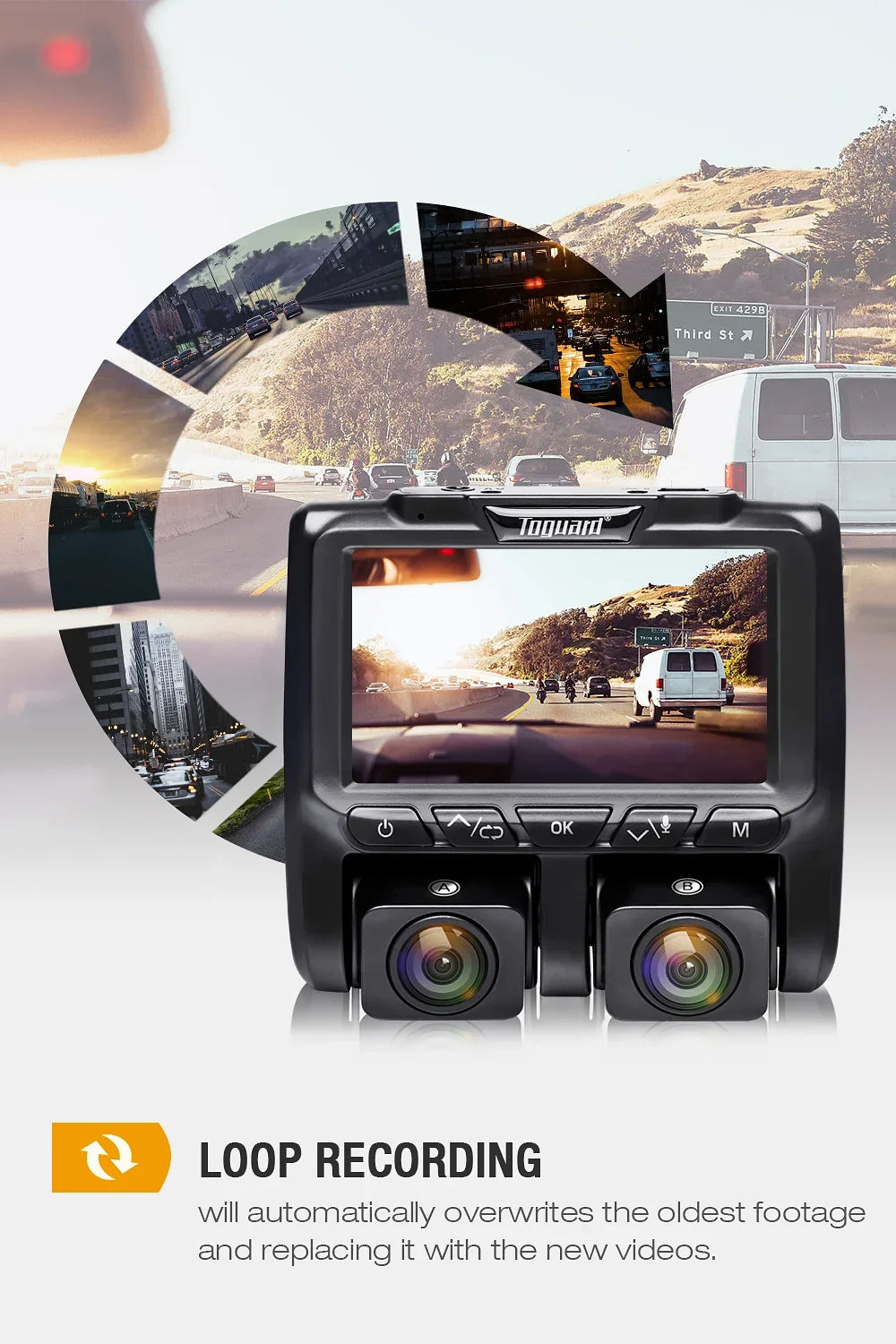 3" Dash LCD Camera TOGUARD 1080P+1080P HD Full Cam, Dashboard Front Inside Dual Camera Black Cams Car and Dash