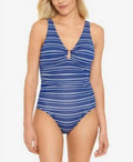 Piece Tummy- Stripe NAVY Ralph Harper Hardware-Trim 16 Lauren Swimsuit, One US