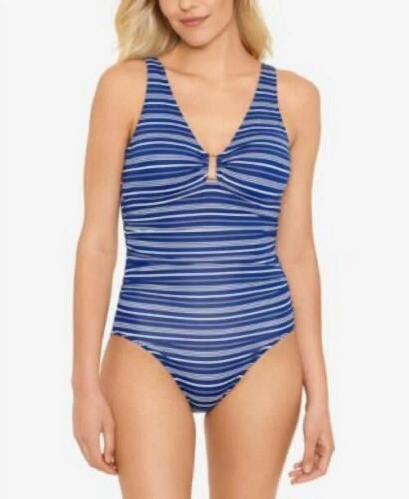 Piece Tummy- Stripe NAVY Ralph Harper Hardware-Trim 16 Lauren Swimsuit, One US