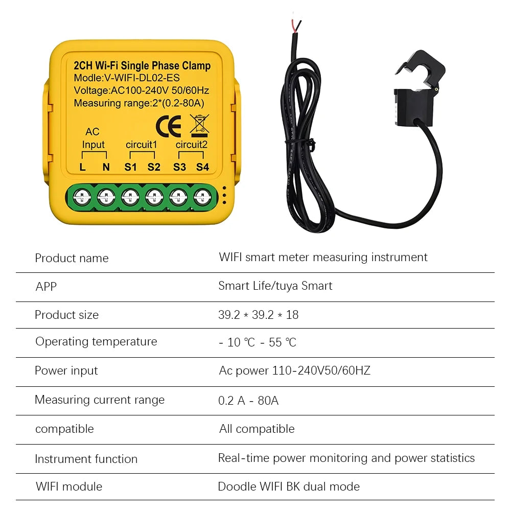 Smart Smart Solar Irfora Consumption 80a Consumption Consumption Wifi Clamp voltage Automatic Consumption Solar Current 100-240v Statistics Smart Meter Clamp regulator,