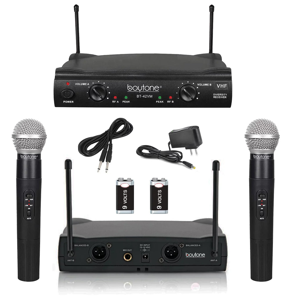 Dual BT-42VM VHF Mic System - Transmitter Receiver, Carrying DJ, Fixed Dual for Wireless Dynamic Boytone Karaoke, Wireless Handheld Channel Mics, Conference, Microphone Frequency 2 Church, Cases