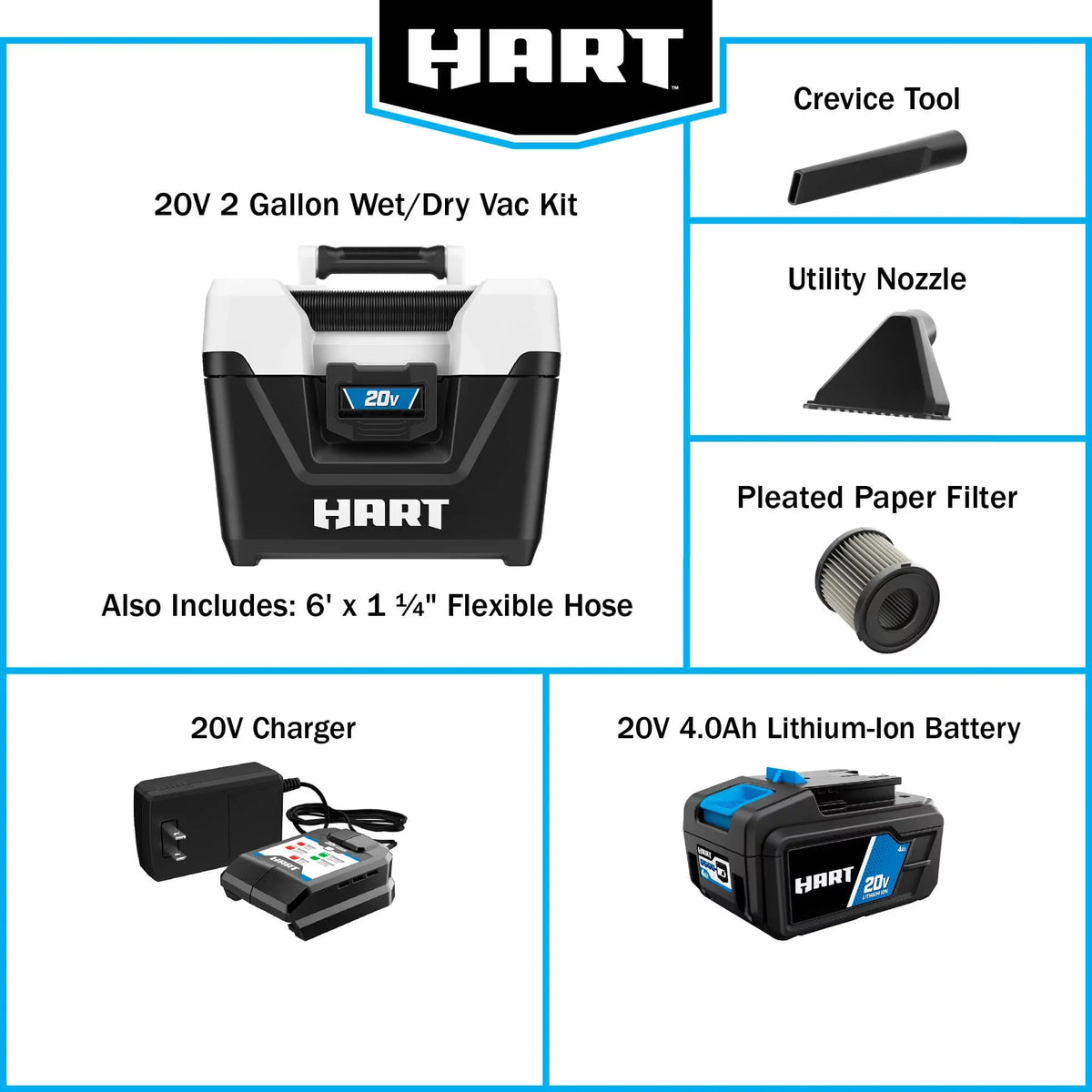 (1) 4.0Ah HART Kit 2-Gallon 20-Volt Wet/Dry Battery 20-Volt Ion Lithium- Cordless Vacuum