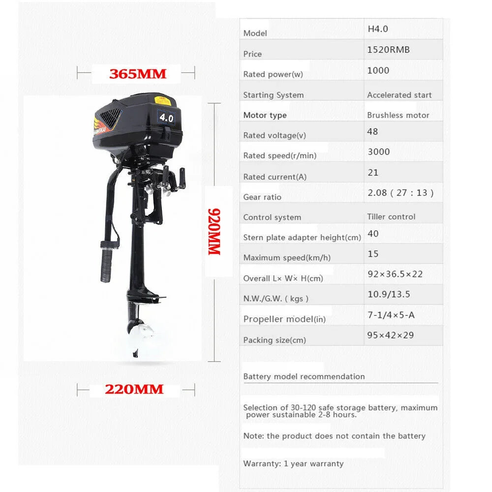 1000W 48V Trolling Motor Propeller Boat Electric Engine Outboard Fishing HANGKAI
