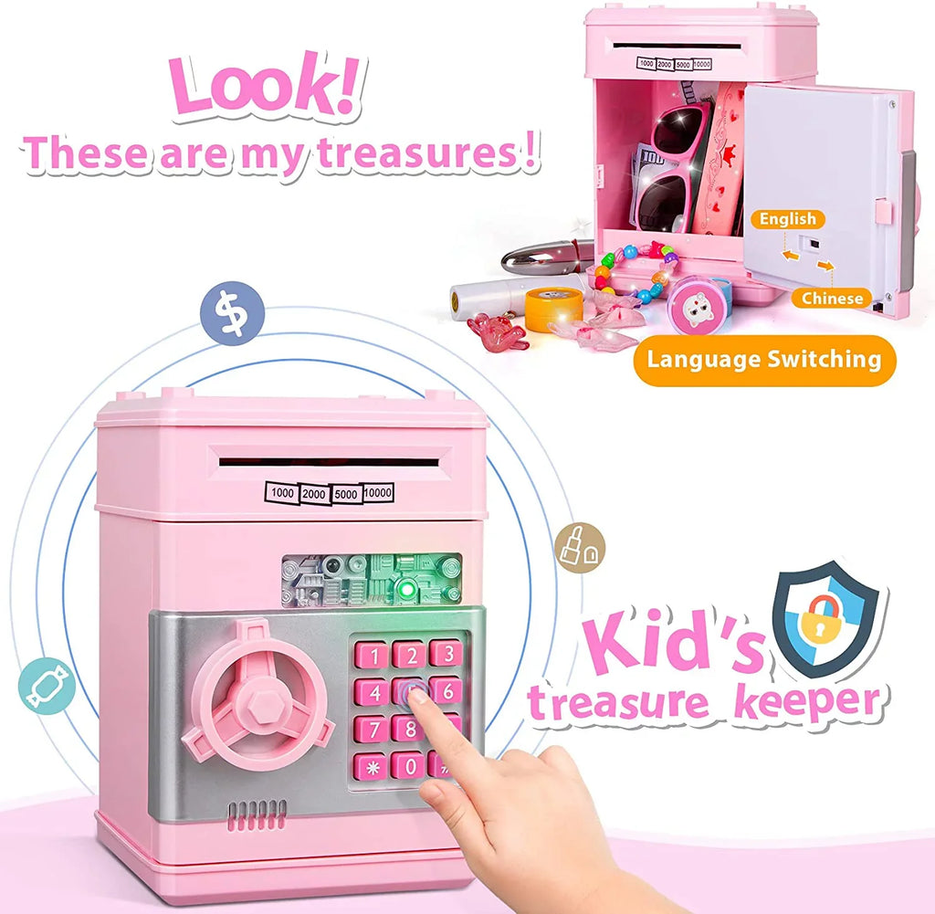 ATM (Pink/Silver) Toy Coin Kids Password Bank for ATM Boys Cash Adult Bank Gifts Electronic Savings Machine Real Money Box Safe Digital Money Girls Piggy Savings Kids Saving Mini