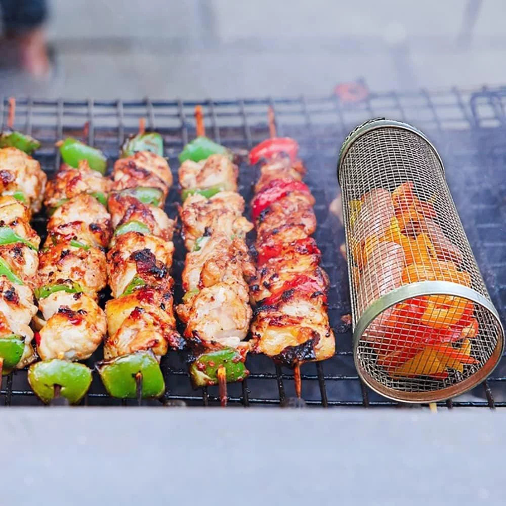 Cooking ，Portable Vegetables, Outdoor Basket BBQ Shrimp, Grilling Grilling BBQ Griller for Accessories 2PC Barbeque Barbecue Basket，Round Rolling Camping Rack Fish,