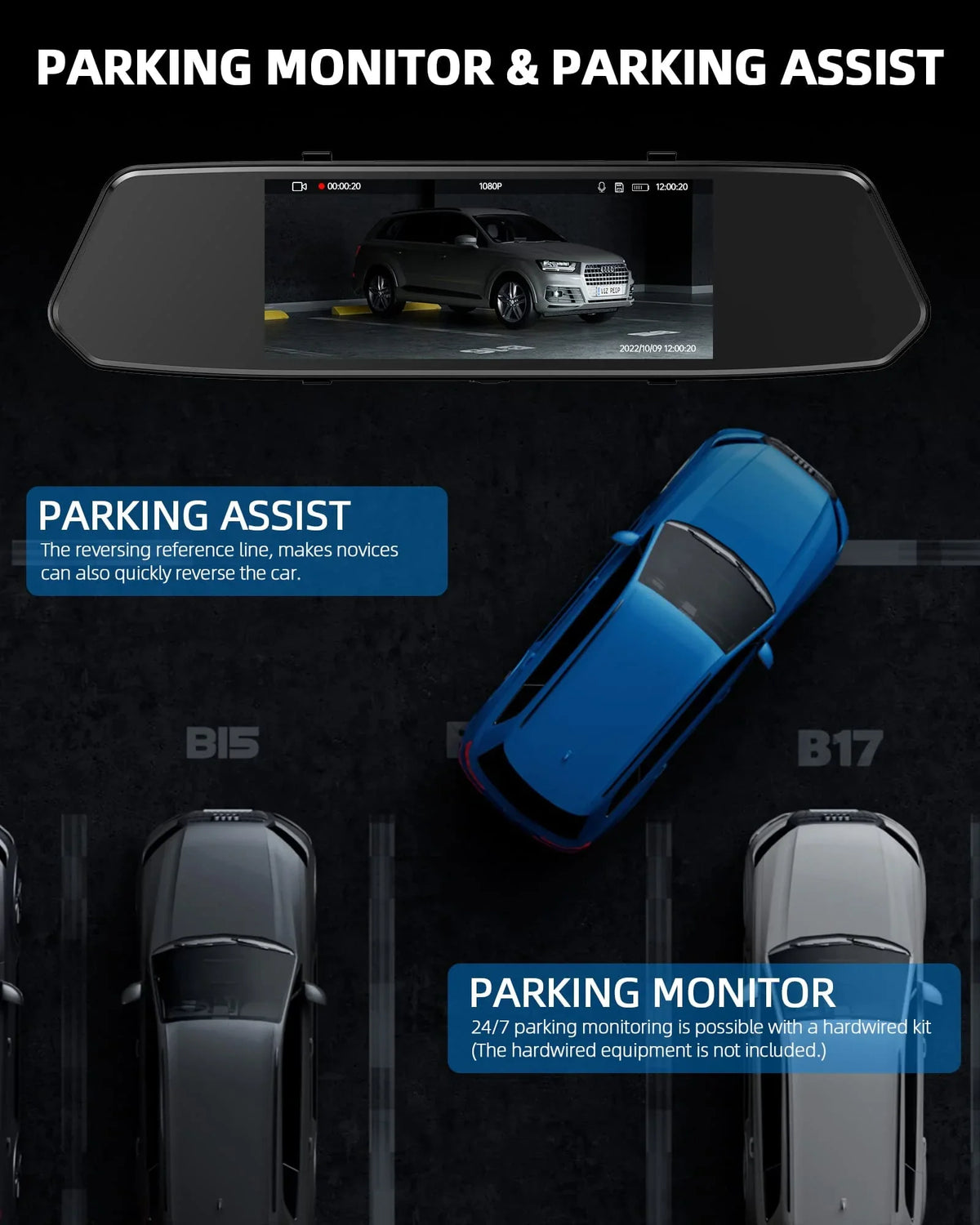 Dash Mirror Motion Camera G-Sensor Infrared Dual Touch Cam TOGUARD 7" and Dash 1080P Detection, Front Night Rear, Screen, IPS Vision,