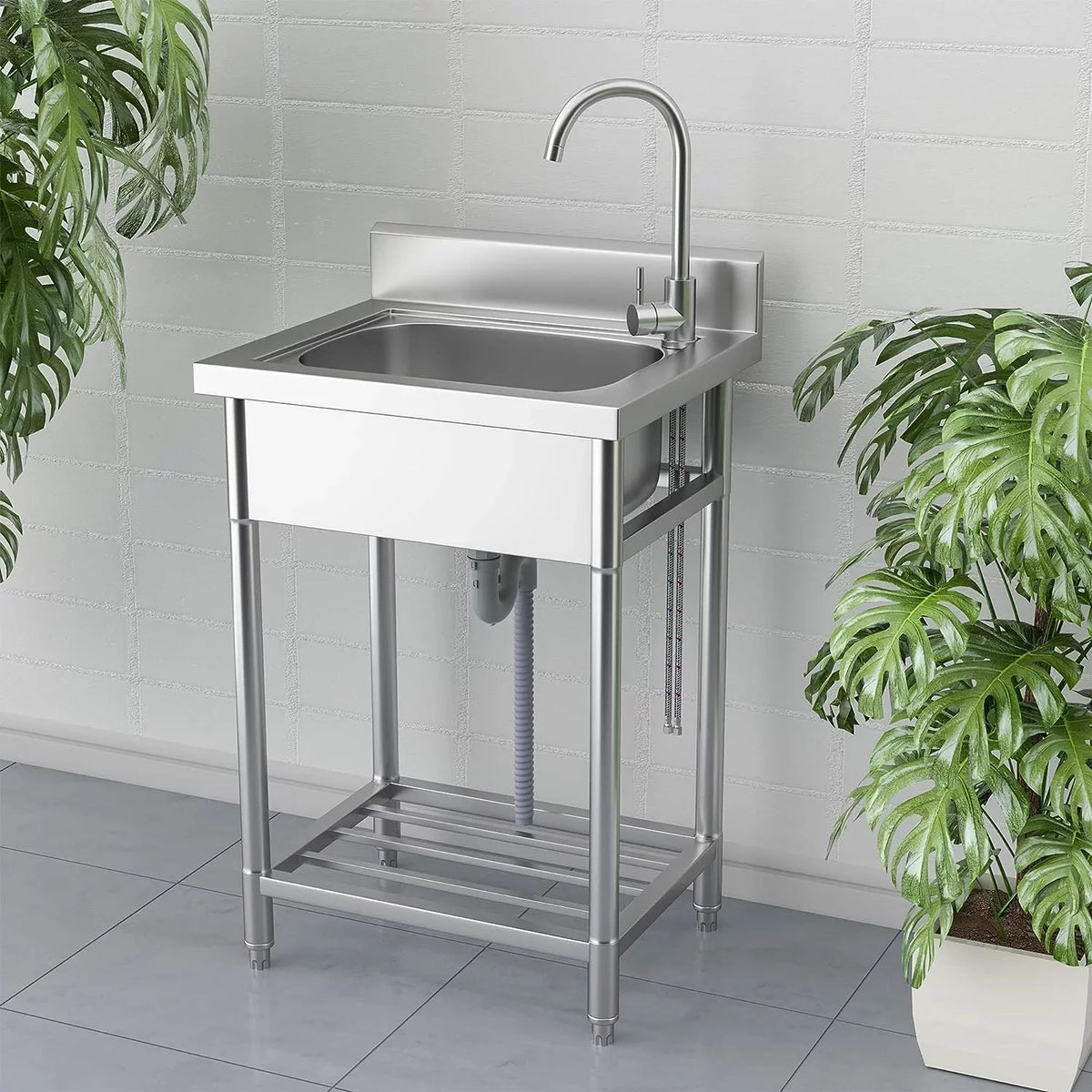 Single Steel with and Free Utility and Stainless Bathroom, Water Pipe Farmhouse for Cold Hot Ideal Standing Bowl Room, Laundry - Sink