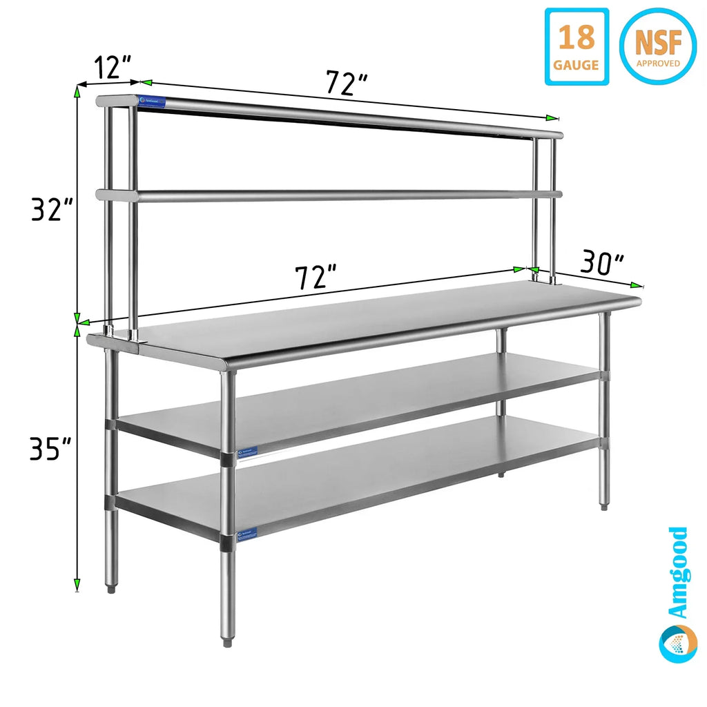 Table 72" | Shelves | 30" Work Tier Double Metal & Overshelf Shelving With Wide Prep Steel Combo Table Kitchen x Two 12" Stainless