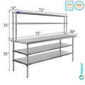 Table 72" | Shelves | 30" Work Tier Double Metal & Overshelf Shelving With Wide Prep Steel Combo Table Kitchen x Two 12" Stainless