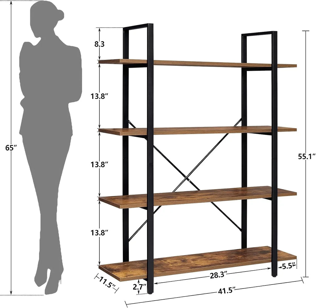 Shelves Bookcase Brown 4-Tier Living Shelf, Open Bookshelf, with Tall DIQIN Rustic Room, Bedroom, for Frame, Book Metal Display Office, Home