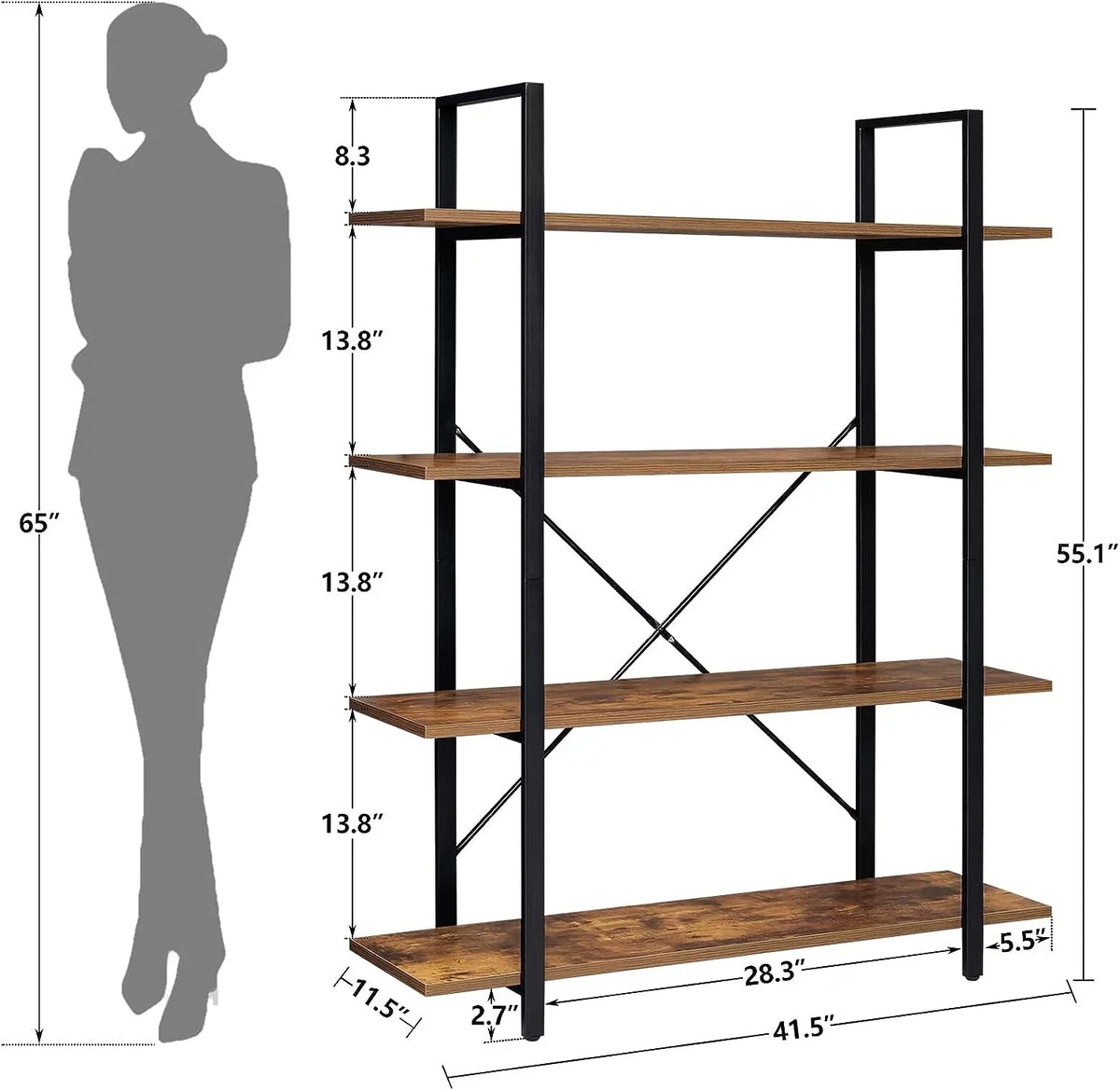 Shelves Bookcase Brown 4-Tier Living Shelf, Open Bookshelf, with Tall DIQIN Rustic Room, Bedroom, for Frame, Book Metal Display Office, Home