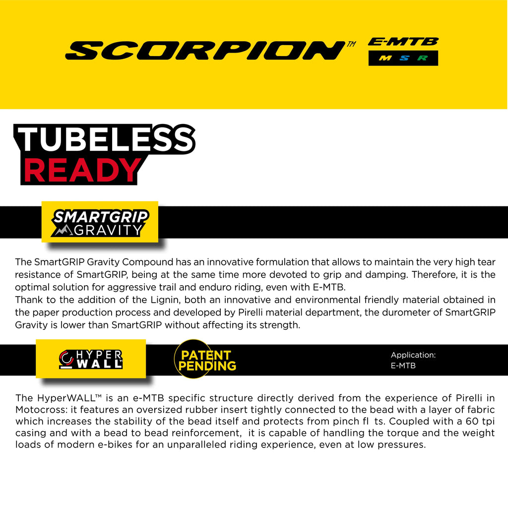 TLR Pirelli Tire, Tire Enduro x MTB, M Use, E-MTB E-Bike + Trail 2.6 Terrain, E-Mountain Mixed Bicycle Clincher Bike Tubeless Scorpion Mountain 27.5 SmarTUBE Ready 23/32-622 Versatile and for