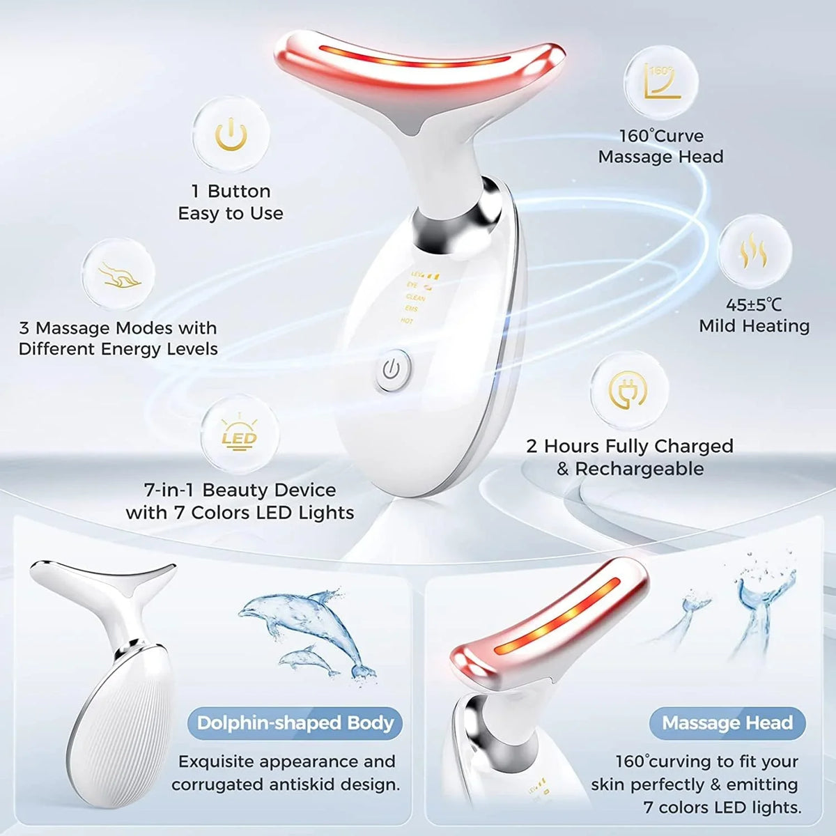 Deplux Therapy & Device, Color Beauty 7 Face Rejuvenation Glossy for Red Face Neck Neck Skin Face, Device, for Tightening White