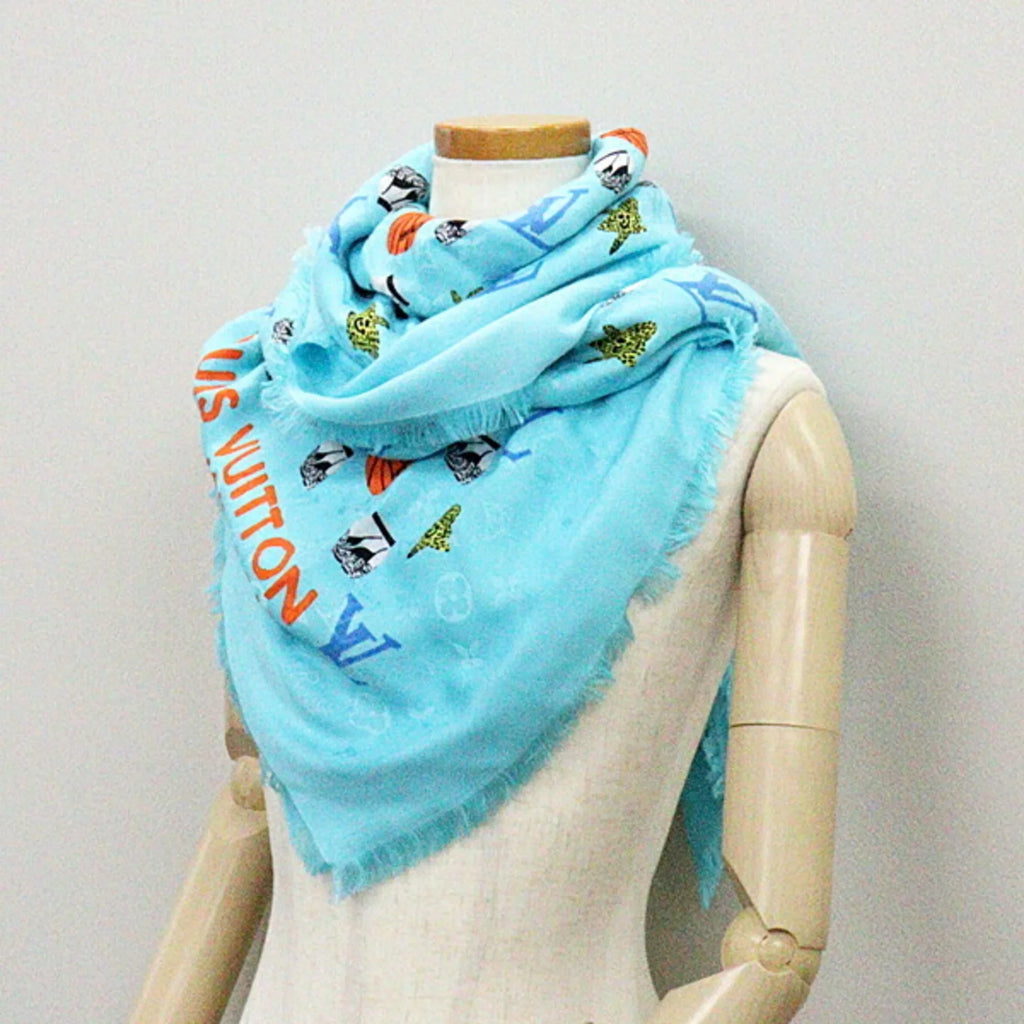 New) silk 40% Louis stole wool monogram Pre-Owned shawl 60% JONAS Jonas WOOD M76053 Wood Vuitton blue (Like basketball/flower/pot