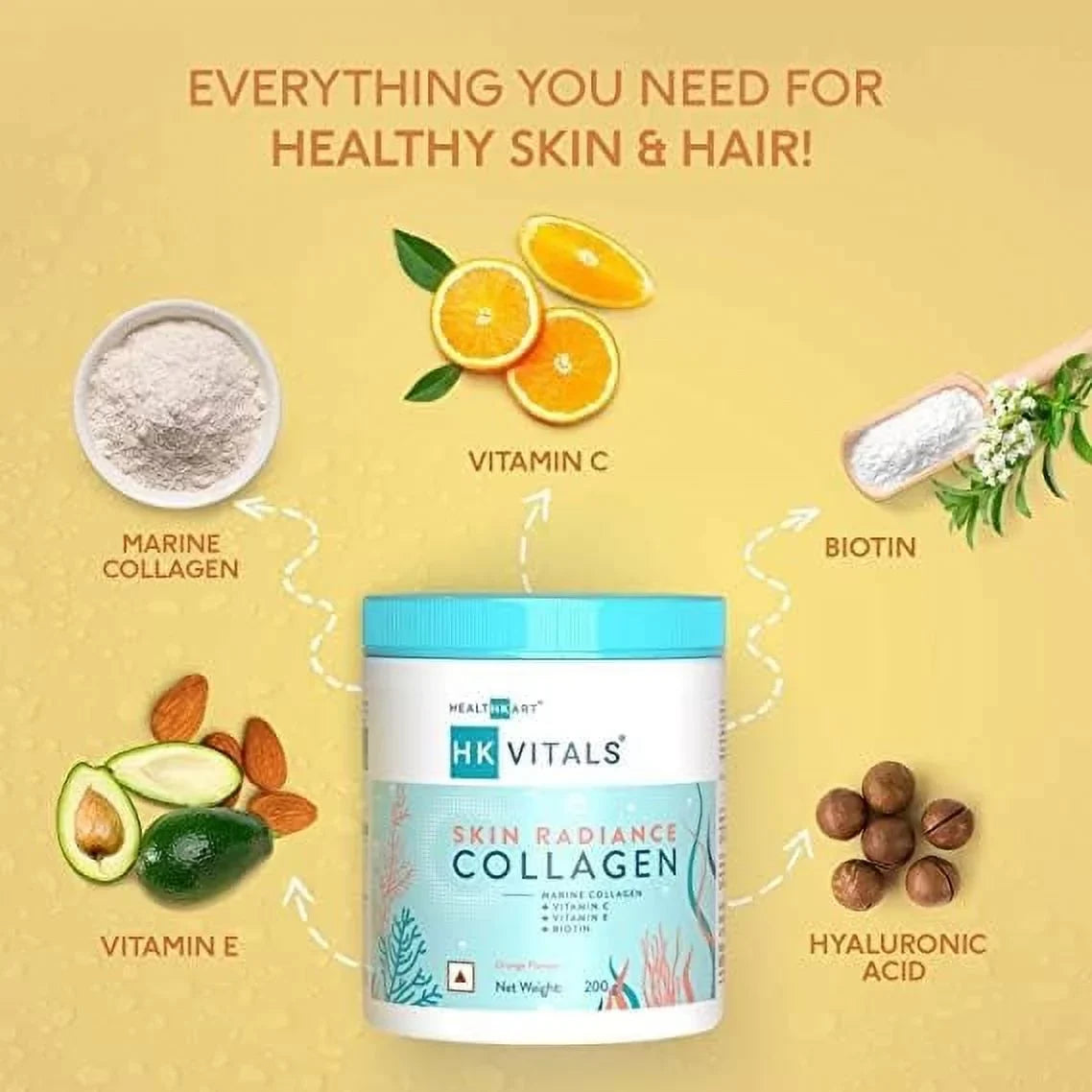 Biotin, Healthy Nails, Skin, HealthKart 200 BAVI g E, Collagen Supplement, with Radiance Sodium & Orange, Vitamin Hyaluronate, C, HK Vitals and Hair for Skin