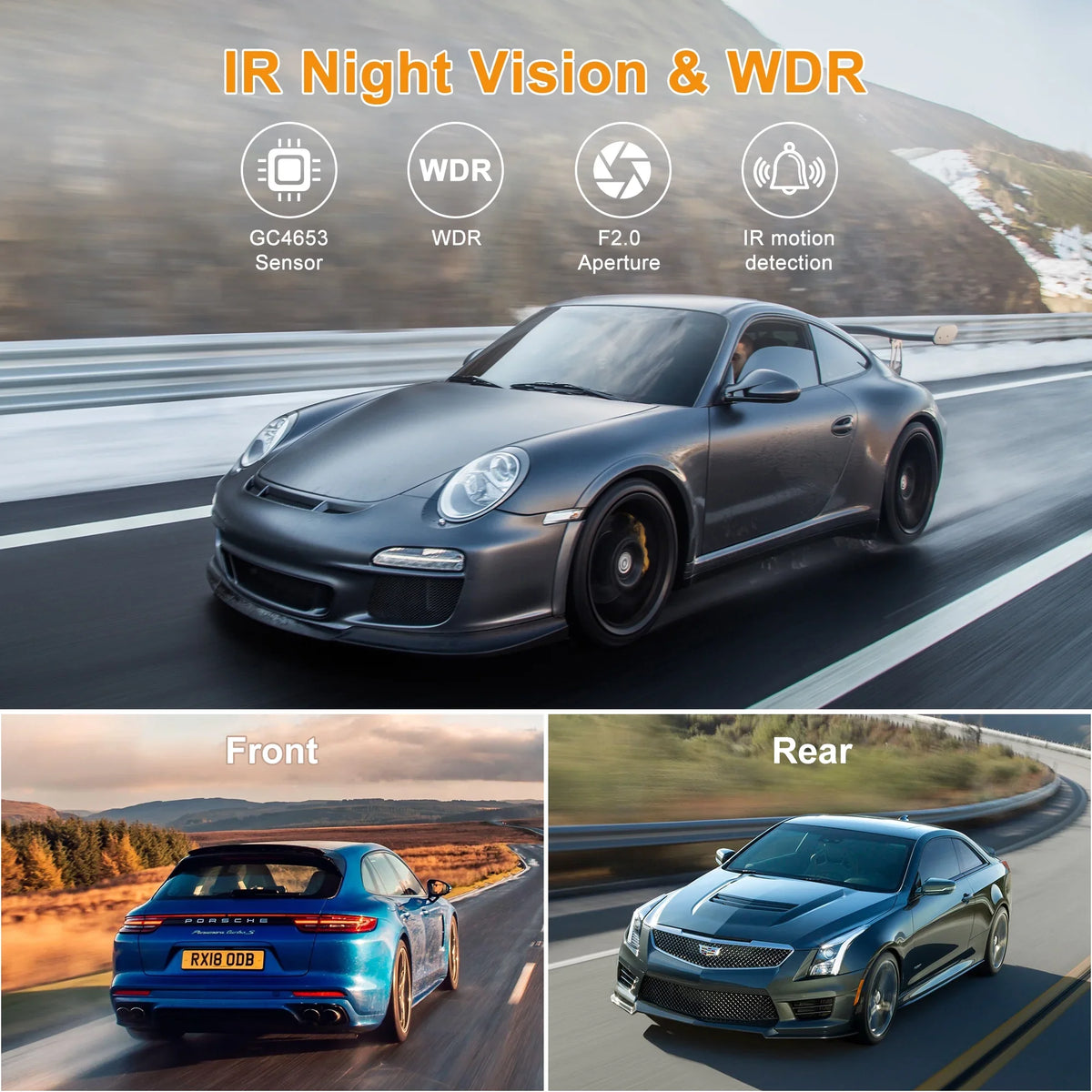 with and Loop WiFi For 3'' and Night GCZ 4K IPS 24H Dashcam HD Touchscreen GPS, Dash Rear Vision, with G-Sensor, Front Full Cam and and Parking Recording Mode Car
