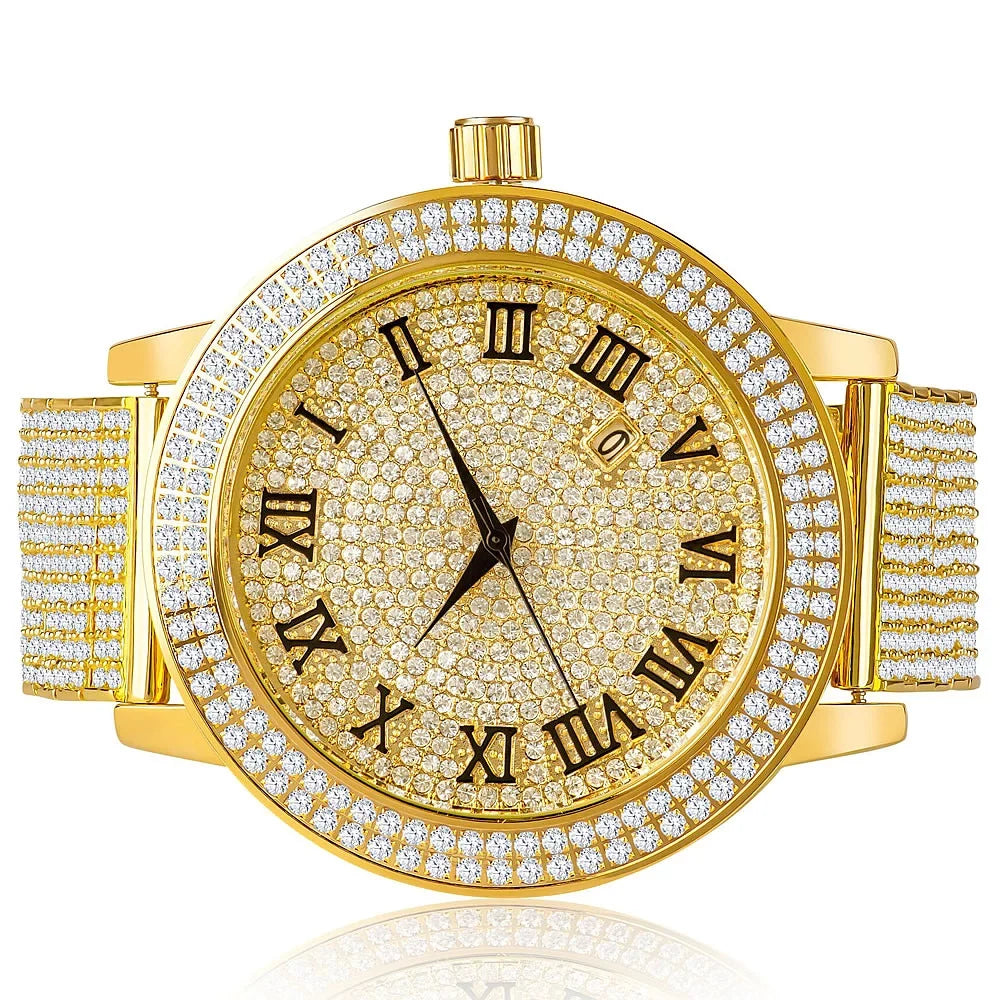 Watch W/Date Khronos Face Diamonds Jojino Roman Rodeo Jojo Tone Gold Joe Yellow Custom Simulated Function