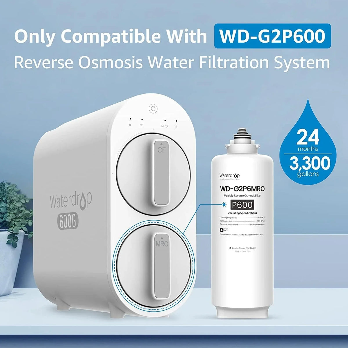 Waterdrop Osmosis System, 2-year Reduce WD-G2P600-RO WD-G2P600-W PFAS Replacement for Filter, Lifetime, Reverse
