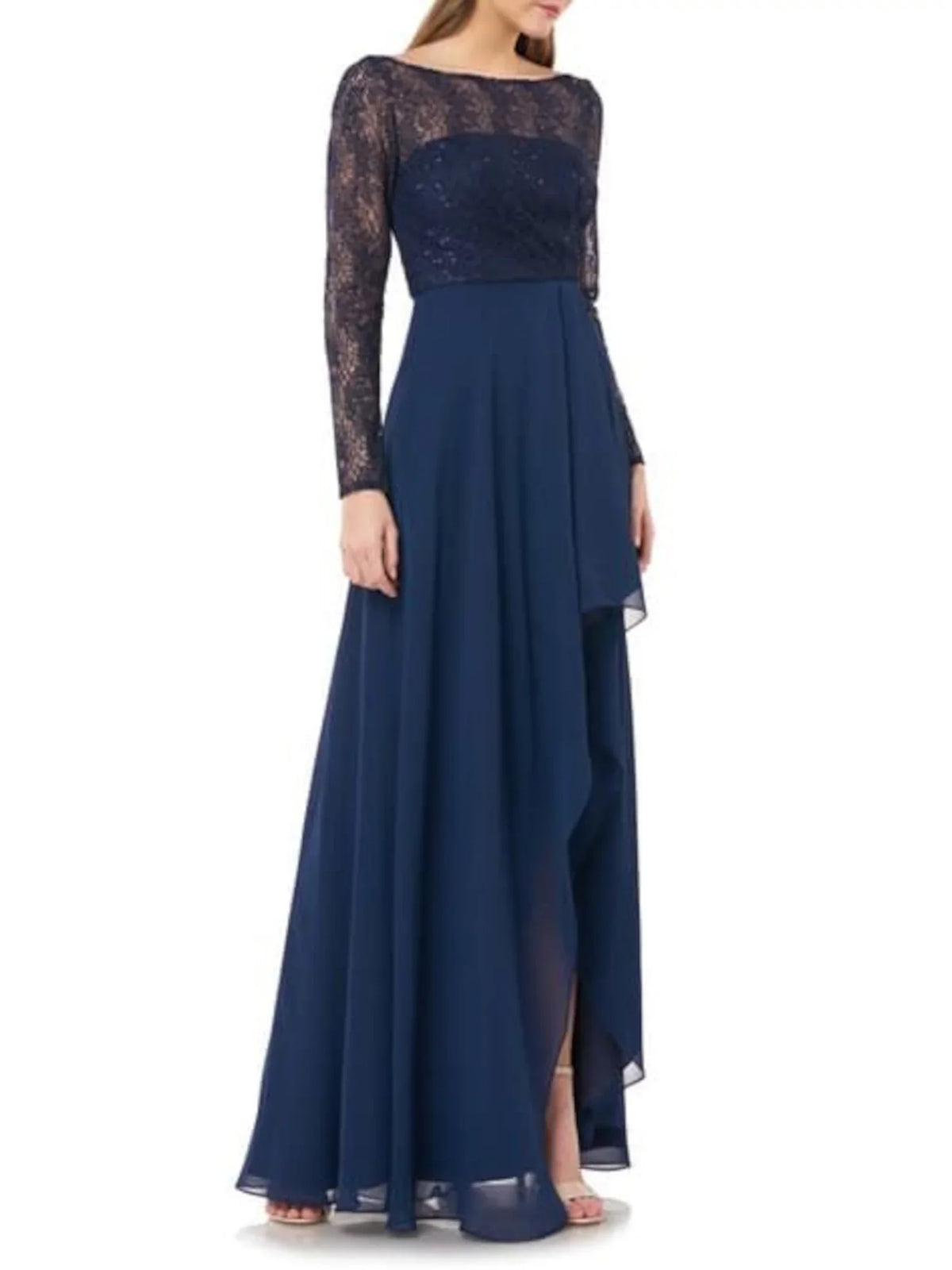 Formal Dress CARMEN MARC Sequined 4 Womens Maxi Boat Sleeve VALVO Navy Long Lace Ruffled Neck