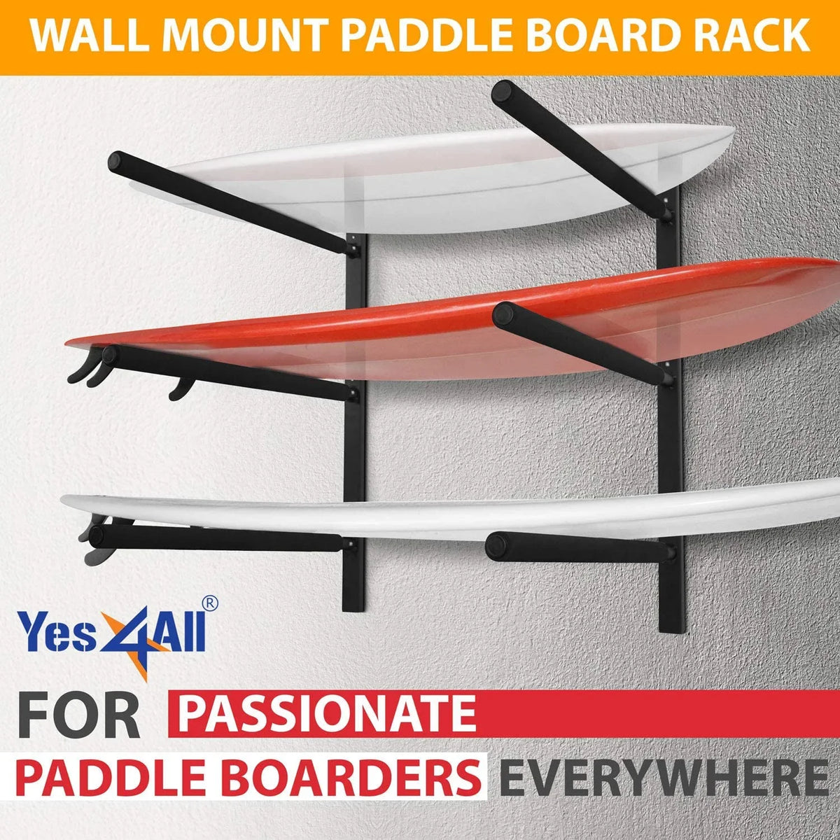 Store with Hanger 3.54" Yes4All 5.51" x Longboards, Mount Paddle Up Board to & Foam, Padded Heavy Racks, Surfboards, 34.25" Surfboard Black, Display 3 Wall x Duty Snowboards, Steel