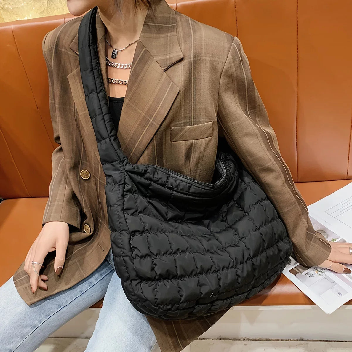 For Crossbody Capacity Argyle Shoulder Junior Hobo Work Large Cotton Quilted Tote Filled Bag Tote, Padded Quilted Bag,