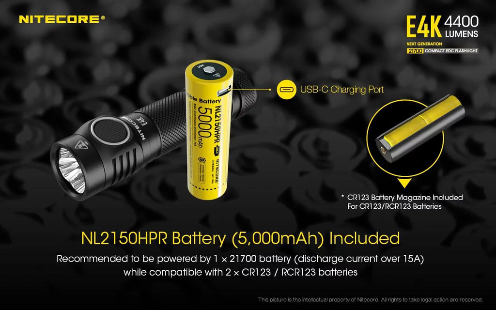 Combo: Magnetic Eco-Sensa generation USB and Charger +A1 Flashlight and NL2150HPR Cord Batteries w/NL2150HPi NITECORE 4400Lm - E4K Next