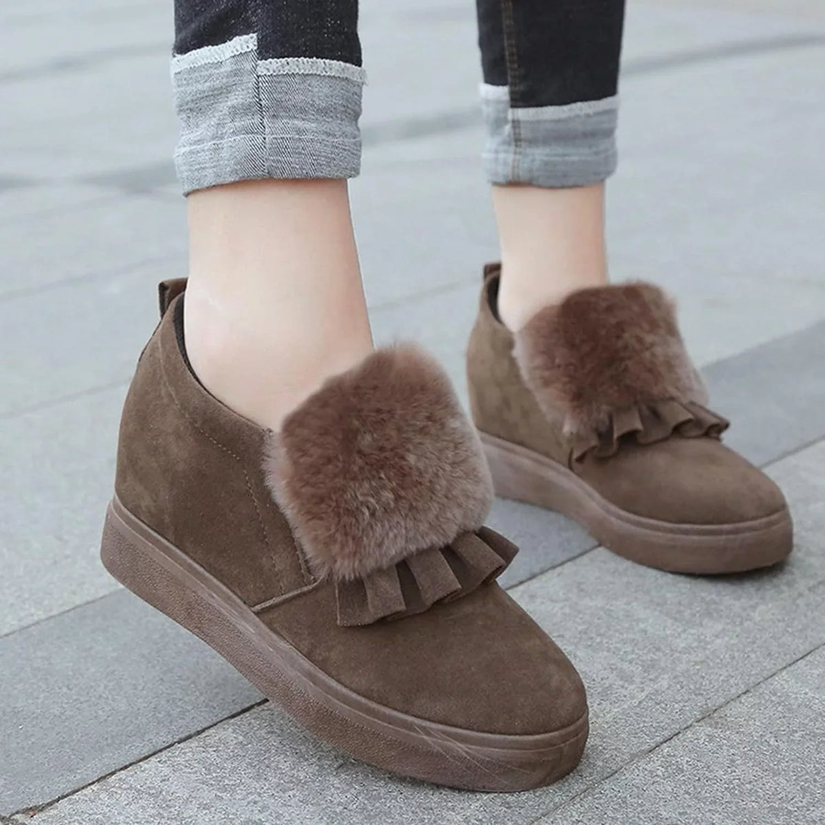 Shoes Winter Ankle Autumn Vintage Boots Furball Wedges Thicksoled Womens Embellished Boots Classic Fashion Cotton