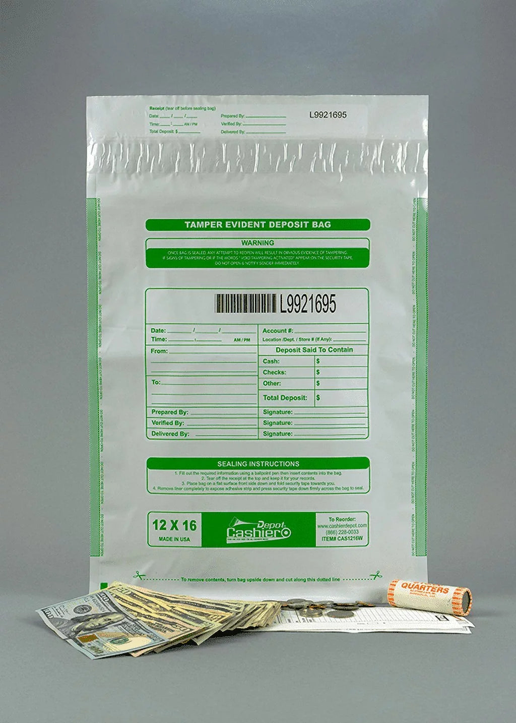 & Serialized 12" Closure Numbering, 16" Tape (100 Bags) Void Bags, x Depot Barcode, Cashier Seal Deposit White, Tamper Press Evident