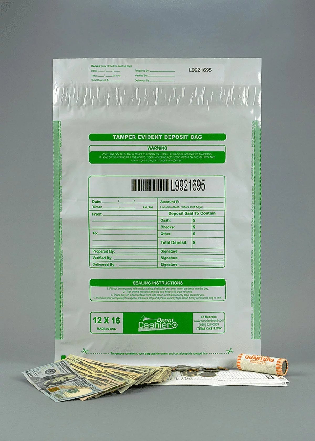 & Serialized 12" Closure Numbering, 16" Tape (100 Bags) Void Bags, x Depot Barcode, Cashier Seal Deposit White, Tamper Press Evident