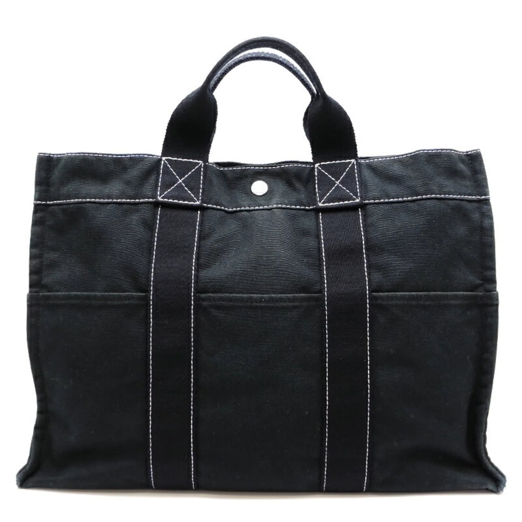 Ladies Canvas (Fair) Tote Hermes Black MM Cotton Pre-Owned Bag Deauville